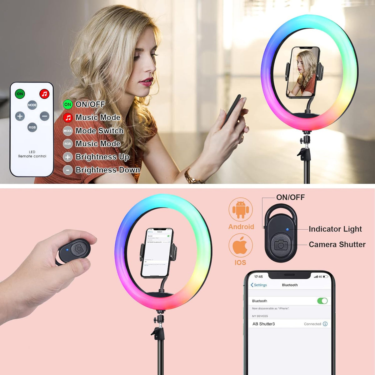10" Selfie Ring Light with 73" Tripod Stand & 1 Phone Holder, LED Camera Ringlight with 48 RGB Colors Modes & Musical Rhythm Mode