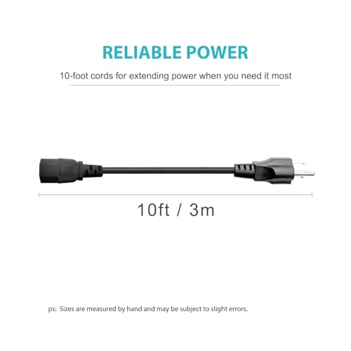 10ft 3-Prong AC Power Cord - Universal Replacement Cable for TV, Computer, Monitor & Treadmills