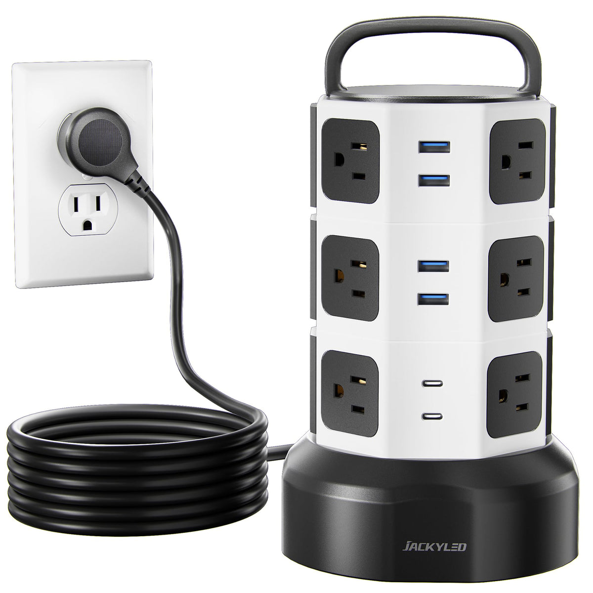 Power Strip Tower JACKYLED Surge Protector Electric Charging Station with 13A 12 Outlets 6 USB Ports Heavy Duty Extension Cord