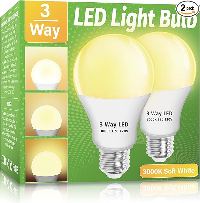 3 Way LED Light Bulbs 2 Pack, 3 Way Light Bulbs 30 70 100 Soft White 3000K,E26 Medium Base A19 Three Way Light Bulb, Indoor 3way Bulb for Reading