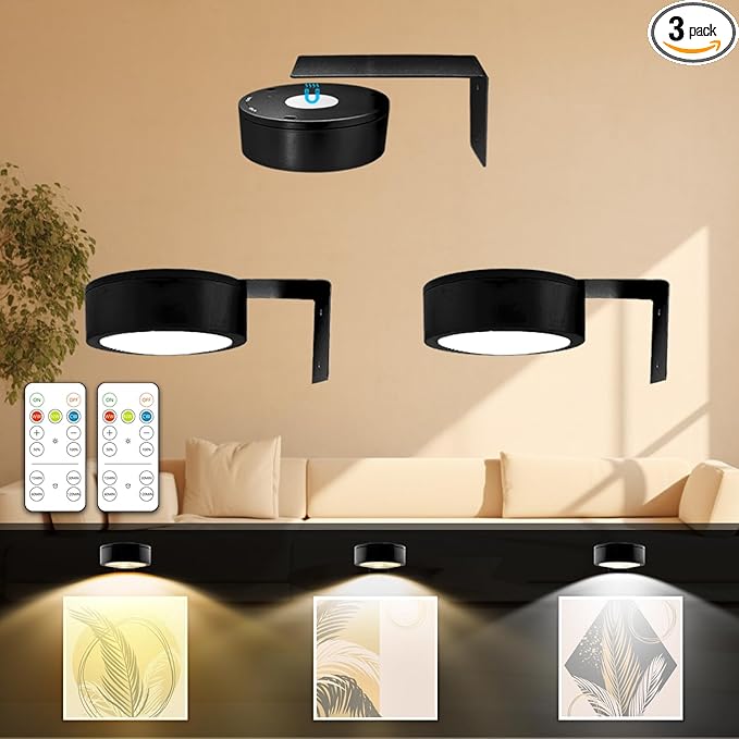 3PACK Picture Light Battery Operated with Remote, Painting Light for Wall Art with 3 Lighting Colors Dimmable, LED Art Display Accent Light on Wall