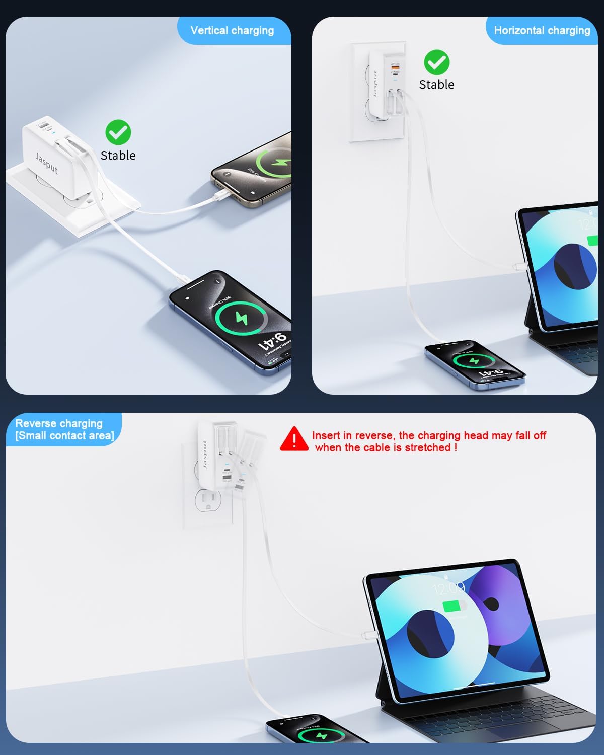 4 in 1 Retractable Wall Charger with Dual Cables,40W Retractable Phone Charger Wall Plug with Dual USB Ports,20W USB C Chargers Block Fast Charging