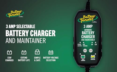 Battery Tender 3 AMP Battery Charger and Maintainer - Automotive Switchable 12V or 6V Smart Automatic for Cars SUVs and Trucks - Lead Acid, AGM, Gel, & Lithium Battery Charger - 022-0202-COS