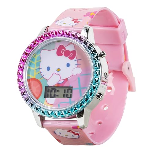Accutime Sanrio Hello Kitty Girls' Digital LCD Quartz Watch with Pink Strap and Colorful Bezel - Fun LED Light Show - Easy to Read Time for Kids - Fits Wrist 5.5"-8"