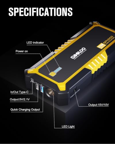 GOOLOO GP4000 Jump Starter 4000A Peak Car Starter (All Gas,up to 10.0L Diesel Engine) SuperSafe 12V Lithium Jump Box,Auto Battery Booster Pack,Portable Power Pack with USB Quick Charge and Type C Port