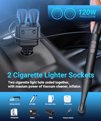 180W Retractable Car Charger Cigarette Lighter Splitter, 5 in 1 USB Fast Car Phone Charger with Retractable Cable 2 USB Ports, 2 Cigarette Lighter Socket with Separate Switch LED Voltmeter