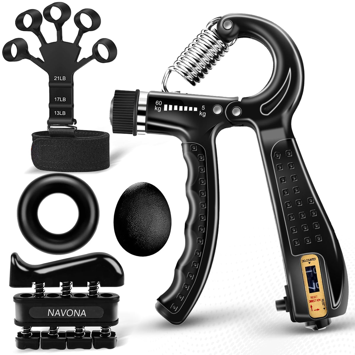 5 PCS Grip Strength Trainer Kit, Hand Gripper Strengthener, Forearm Strengthener, Finger Strengthener, Finger Exerciser, Stress Relief Ball