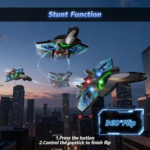 Foam RC Airplane with Cool Led Light, 360° Flip and Headless Mode, Remote Control Airplane RC Plane for Kids Adults Aged 6+, RC Flying Toy for Kids, Birthday Gift - Black Blue