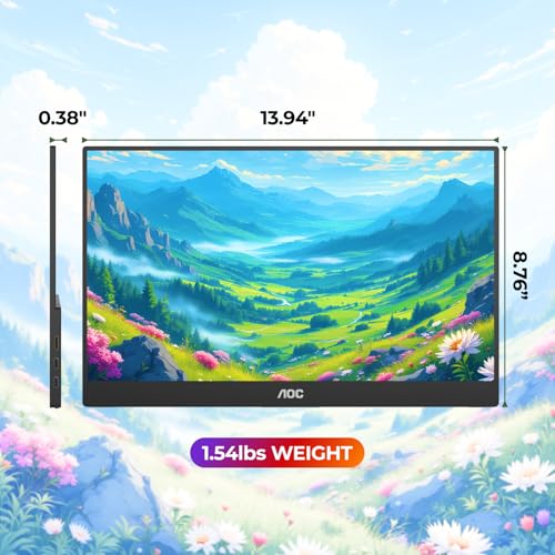 AOC 16T20 Portable Monitor 15.6" FHD 1080p IPS Display, USB-C x2, Mini HDMI, Built-in Speakers, Travel Monitor with Smart Cover, Compatible with Laptops, MacBook, Gaming Console Ready