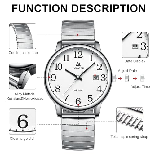LN LENQIN Mens Watches Easy Read Analog Quartz Sport Waterproof Watch for Men with Date and 38mm Stainless Steel Expansion Band