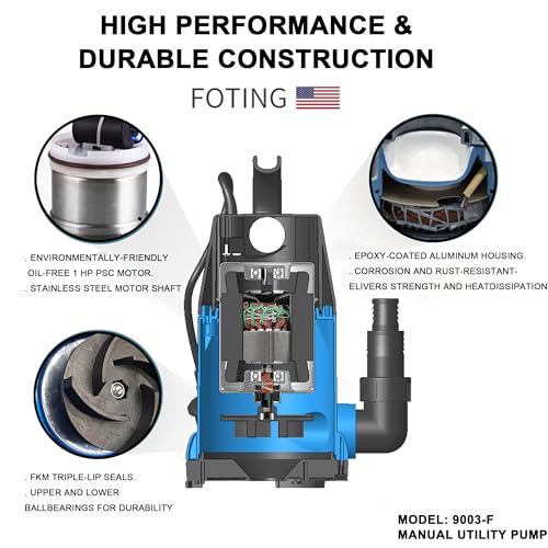 FOTING Sump Pump 1HP Clean/Dirty Submersible Water Pump,4600GPH Utility Pump Thermoplastic Electric Portable Transfer Water Pump for Swimming Pool Pond Basement with 10ft Power Cord,Manual
