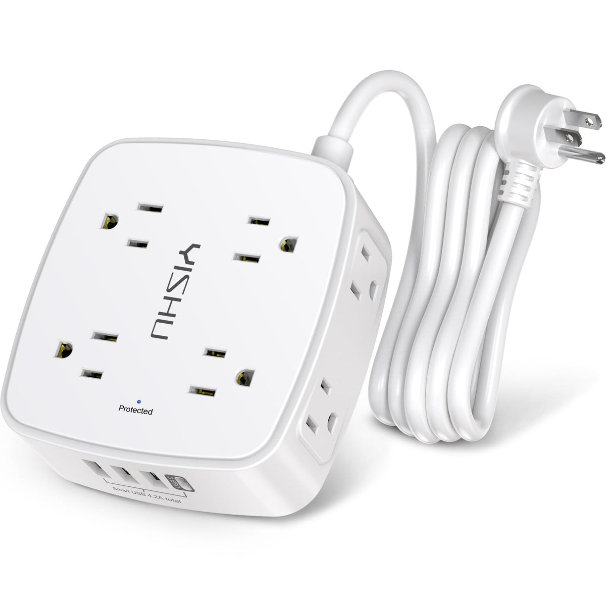 6 Ft Surge Protector Power Strip - 8 Widely Outlets with 4 USB Ports, 3 Side Outlet Extender with 6 Feet Extension Cord, Flat Plug, Wall Mount (White)