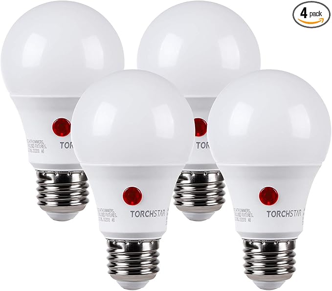 TORCHSTAR Dusk to Dawn Light Bulbs Outdoor, Sensor A19 LED Light Bulb, Auto on/Off Photocell Automatic for Outdoor Lighting, UL FCC DOE, 5000K, Pack of 4