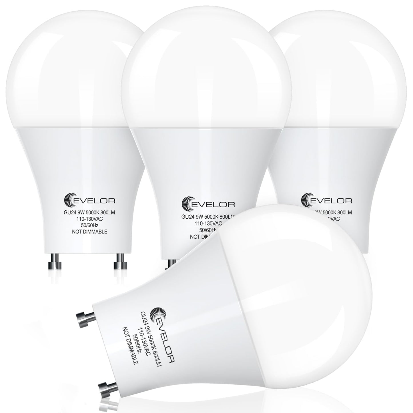 GU24 LED Light Bulb,60 Watt Equivalent Daylight White 5000K,Non-Dimmable,Efficient 9W,800 Lumens Twist and Lock 2 Prong Light Bulbs,15000 Hours,Ideal for Kitchen,Living Room,Bedroom, 4-Packs
