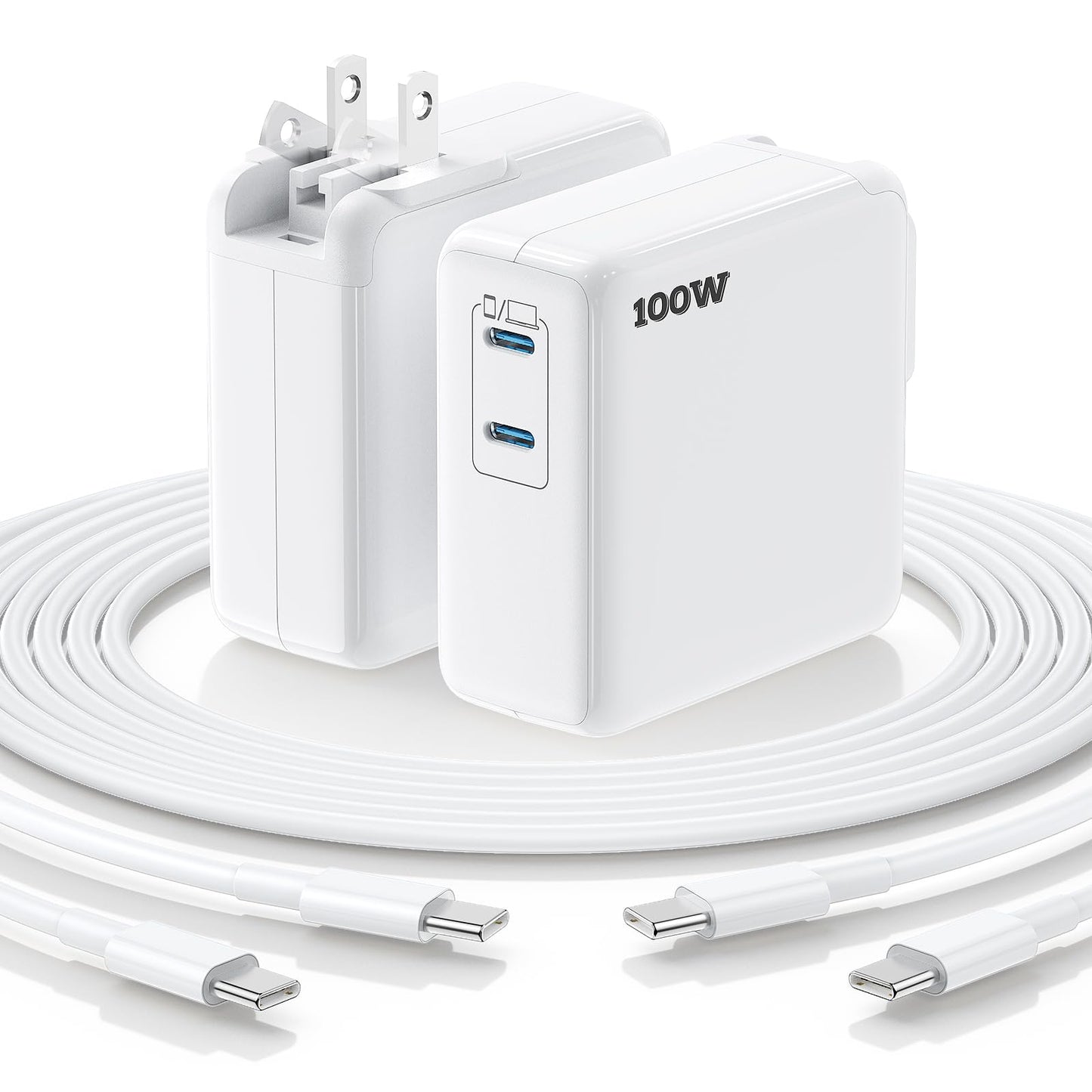 Essri MacBook Pro Charger,100W USB C Charger 2Pack with Foldable Plug,Dual 65W Ports Fast Charging for MacBook Pro Air,iPad Pro,iPhone 17/16/15,Includes 6FT+10FT USB C to C Cables - White
