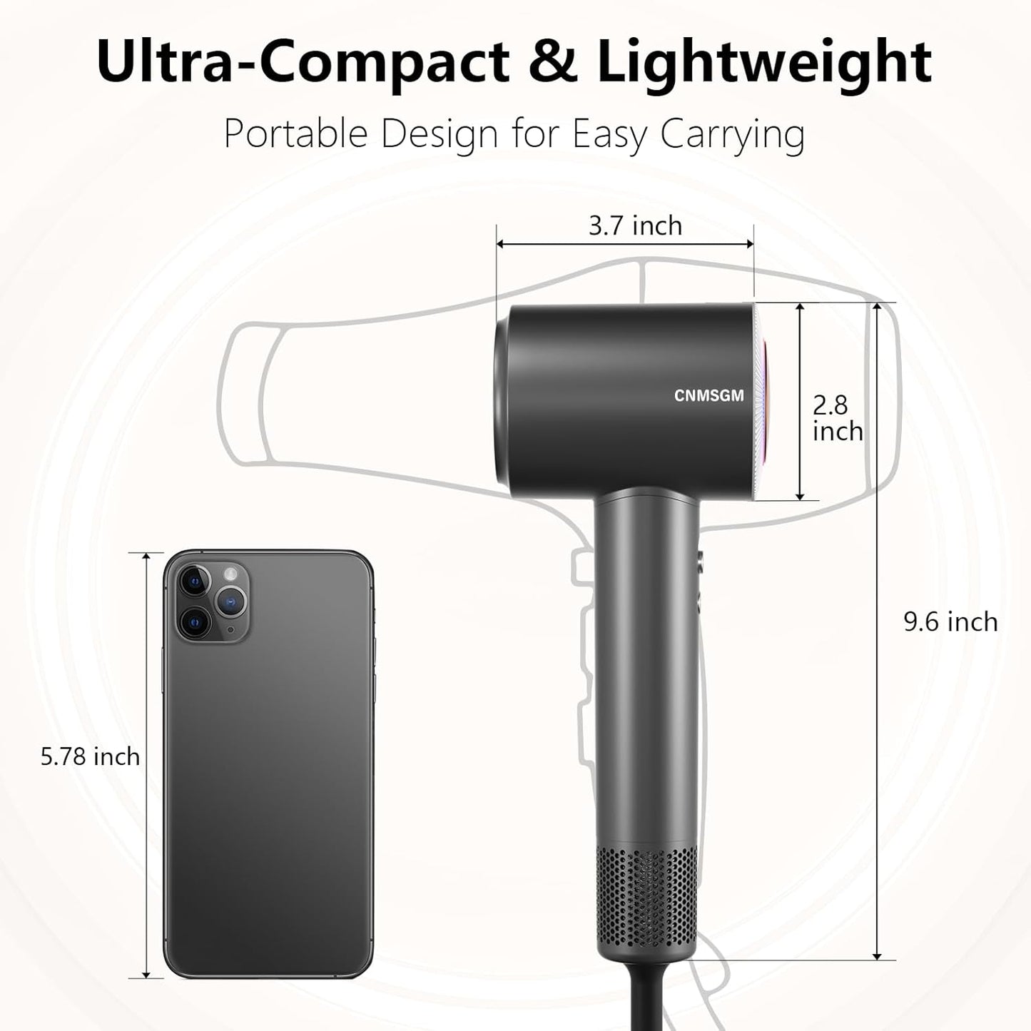 Hair Dryer, High Speed Ionic Blow Dryer, 5X-Fast Drying, 2 Billion Negative Ions, Low Noise,160000 RPM, Compact Blow Dryer with Magnetic Diffuser for Faster Drying All Hair Types(Black Gray)