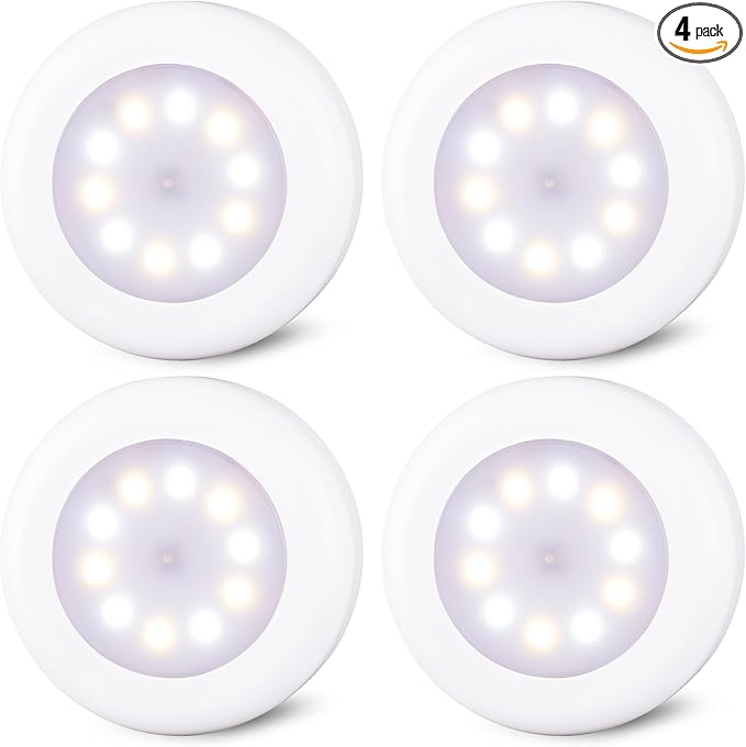 STAR-SPANGLED 4 Pack 3.1” Dimmable Push Tap Lights, Stick on LED Touch Puck Lights AA Battery Operated, 3 Color Modes Sticky Button Lamps for Classroom, Kitchen, Under Cabinet, Closet