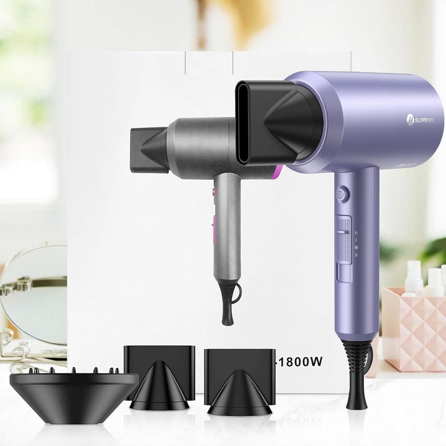 Slopehill Professional Ionic Hair Dryer, 1800W Fast Drying Low-Noise Blow Dryer with Diffuser & Concentrator (Lavender)
