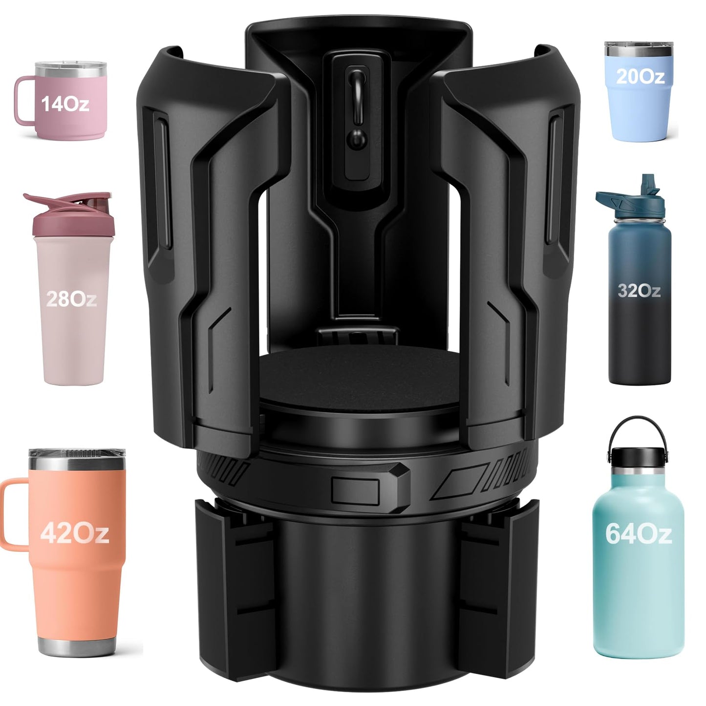 Cup Holder Expander (Adjustable Holder & Base, Auto-Fit Hold, One Button Open), Car Cup Holder Expander for Yeti, Hydro Flask, Nalgene, Owala, Bottles in 2.6"- 4.8" (1 Pack)