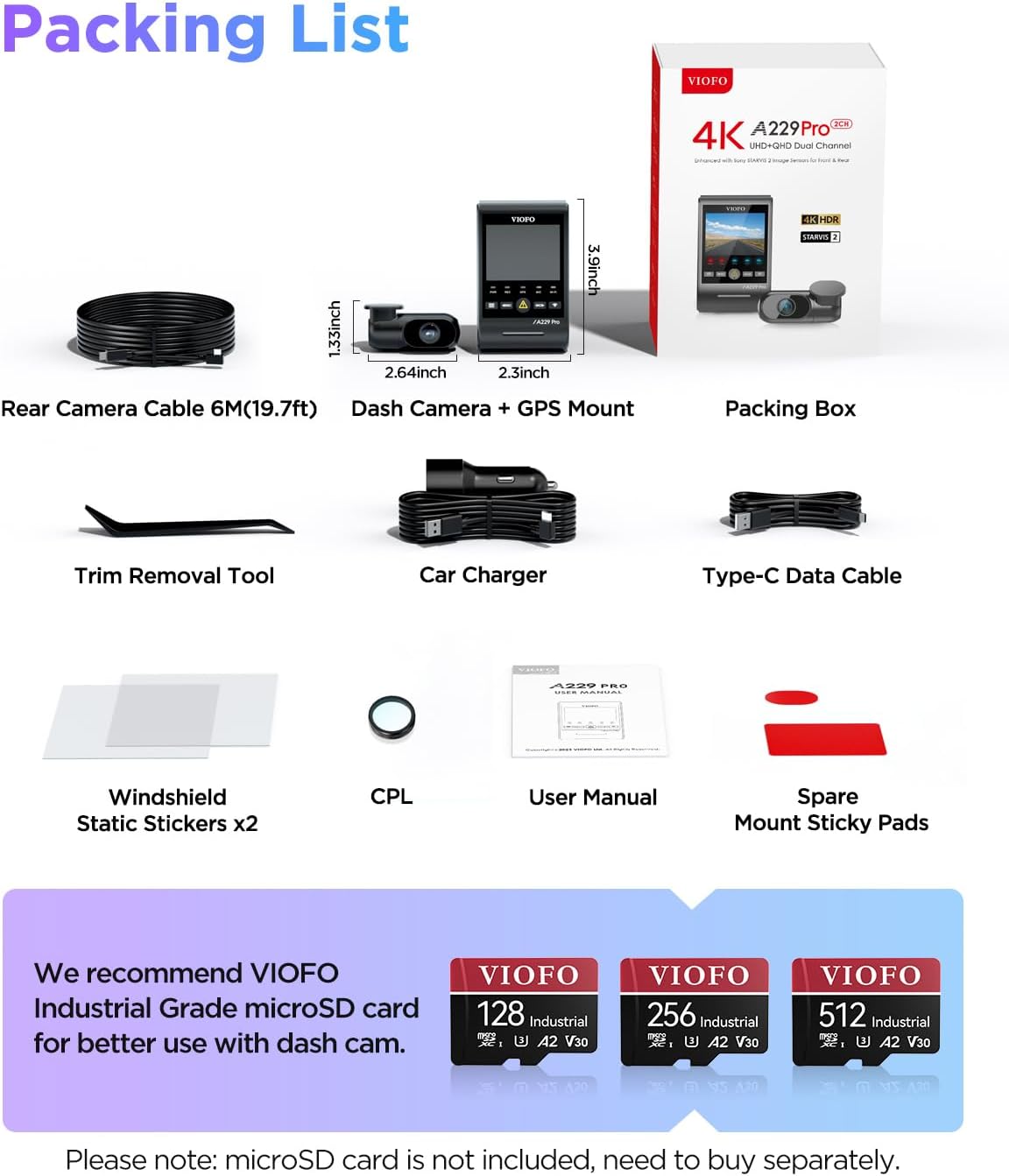 VIOFO A229 Pro 4K HDR Dash Cam, Dual STARVIS 2 IMX678 IMX675, 4K+2K Front and Rear Car Camera, 2 Channel with HDR, Voice Control, 5GHz WiFi GPS, Night Vision 2.0, 24H Parking Mode