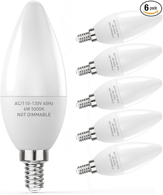 PARTPHONER E12 Base LED Light Bulbs B11 Candelabra Bulbs 60W Equivalent, Non-Dimmable 6W LED Bright Candle Small Base Chandelier Bulb 600 Lumen, 5000K Cold White for Ceiling Fan, Pack of 6
