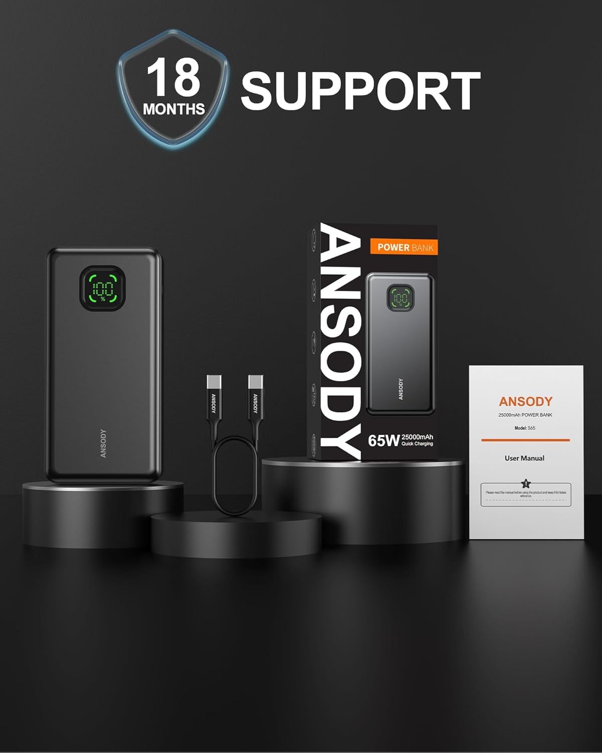 65W Power Bank, 25000mAh Travel Essential USB C Laptop Portable Charger, 100W Total Fast Charging Battery Pack