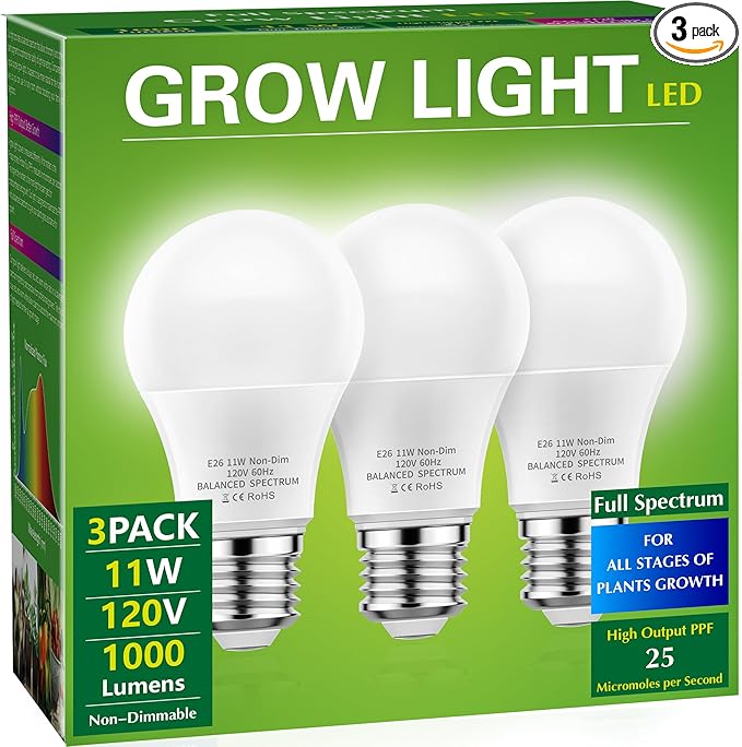 Briignite Full Spectrum LED Grow Light Bulb - A19 E26 Base, 11W (100W Equivalent) - for Indoor Plants, Seed Starting - 3 Pack