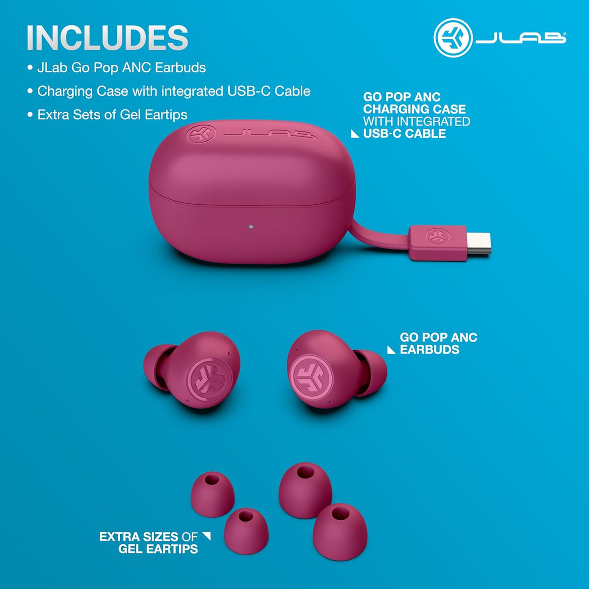 JLab Go Pop ANC True Wireless Earbuds & Charging Case, Fuchsia, Active Noise Cancelling, 10mm Drivers, Dual Connect, Customize Your Sound with App, Be Aware Mode, Compact Fit, MEMS Microphone