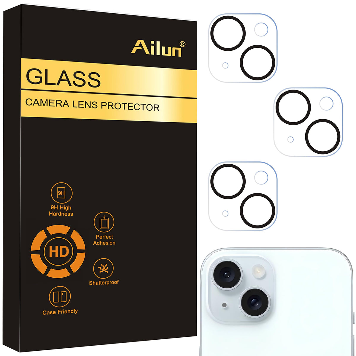 Ailun 3 Pack Camera Lens Protector for iPhone 15 / iPhone 14 & iPhone 15 Plus/iPhone 14 Plus,Tempered Glass,9H Hardness,Ultra HD,Anti-Scratch,Case Friendly,Does not Affect Night Shots