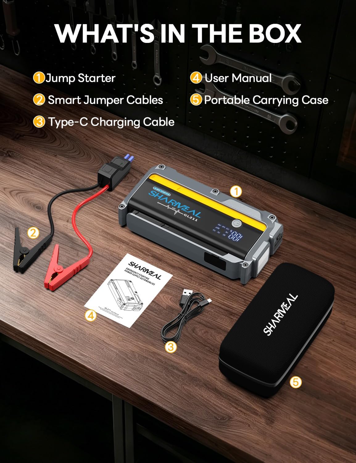Sharmeal Jump Starter 6000A, 12V Car Battery Jump Starter (Up to All Gas or 10.0L Diesel Engine), Battery Booster with 3 Modes Flashlight and Jumper Cable