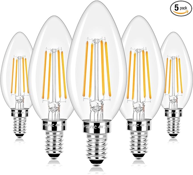 E12 LED Candelabra Bulbs 40 Watt Equivalent, 4W Vintage Candle Light Bulbs Dimmable, 470Lm Warm White 2700K B11 Edison Bulb, Filament Clear Glass Lamp Bulb for Chandelier Ceiling Fan (5 Packs)