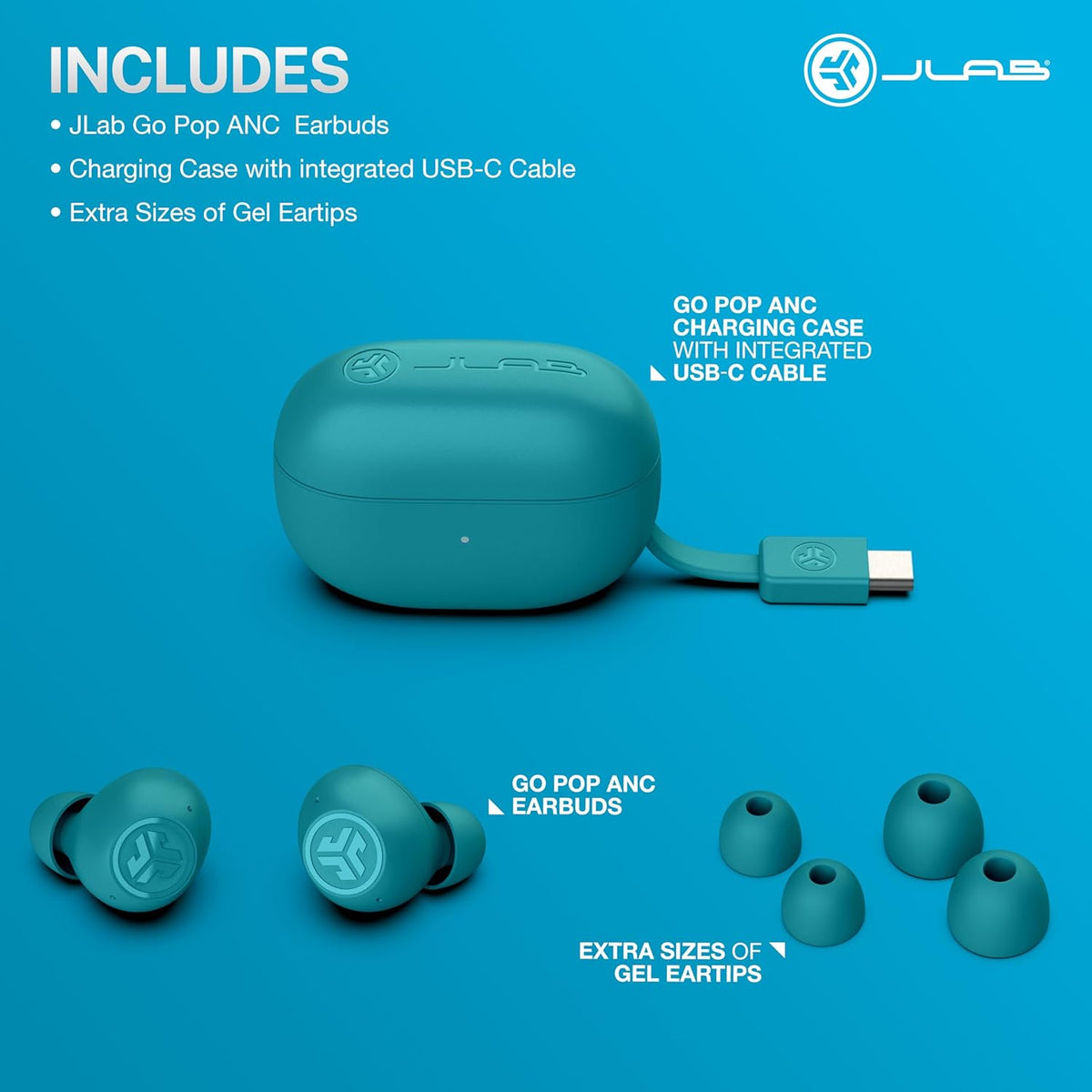 JLab Go Pop ANC True Wireless Earbuds & Charging Case, Teal, Active Noise Cancelling, 10mm Drivers, Dual Connect, Customize Your Sound with App, Be Aware Mode, Compact Fit, MEMS Microphone