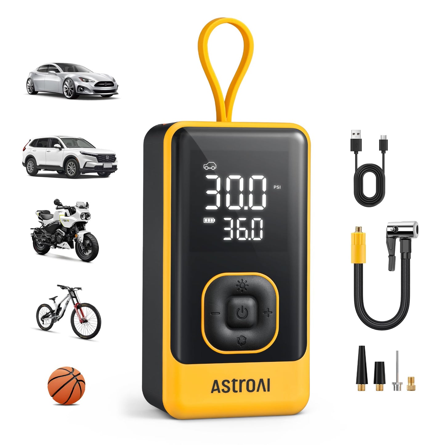 AstroAI L7 Air Tire Inflator Portable Air Compressor, 150PSI Electric Cordless Car Pump with Fast 1-min Inflation, Auto Shutoff, LED Light – Rechargeable for Car, SUV, Motorcycle, Bike Tires, Yellow