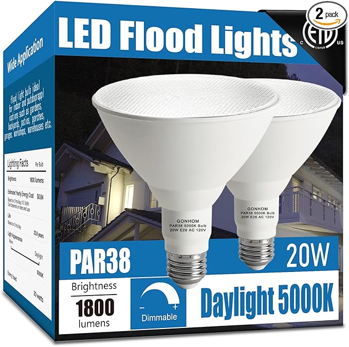 Par38 led Flood Lights Outdoor Light Bulb,Dimmable 1800LM,20W Replace up to 200W,Outdoor Flood Light Bulbs for Backyard,Garage,Porch,Garden,2 Pack 5000K Daylight