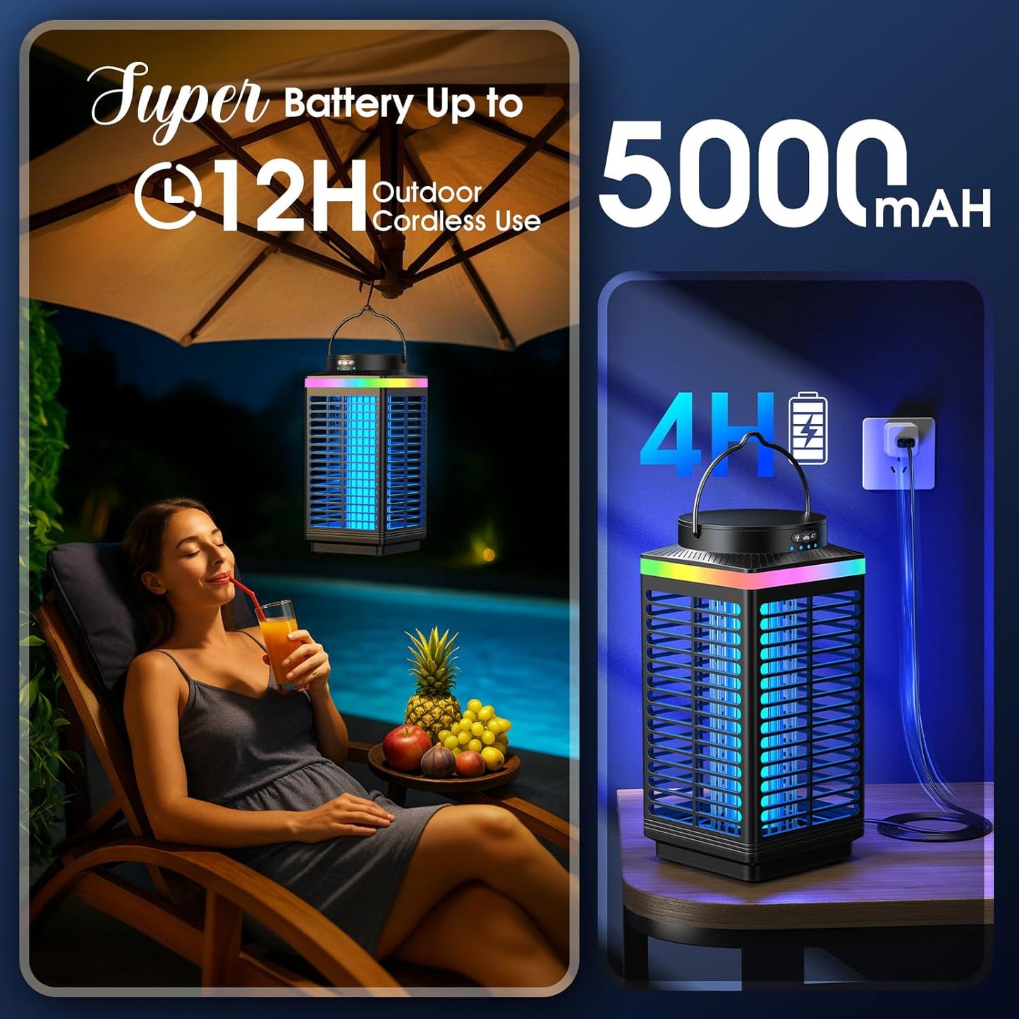 Bug Zapper Outdoor, 4-in-1 4200V Electric Mosquito Zapper, Cordless Rechargeable Bug Zapper Fly Zapper with 5000mAH Battery, Waterproof IP68, Portable & Wireless Insect Zapper for Camping Patio