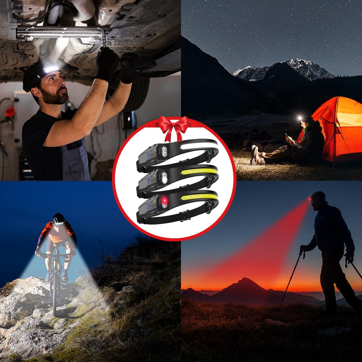 Headlamp Rechargeable 3Pack, 230° Wide Beam LED Headlamp, 7Mode Headlamps for Adults, Head Lamp with Motion Sensor, Red Light Head Lamps LED Rechargeable, Head Lights for Forehead Running Camping