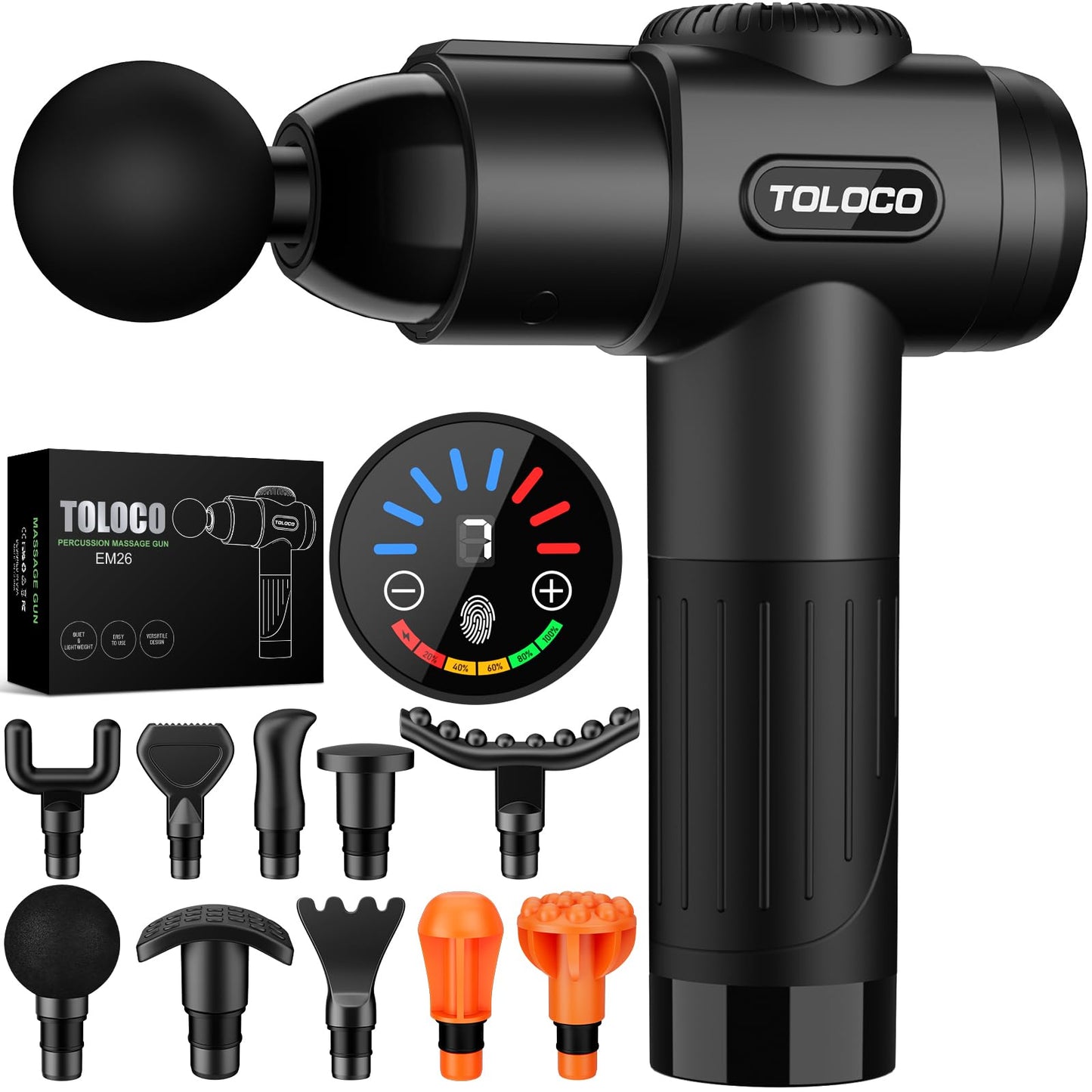 TOLOCO Massage Gun, Percussion Muscle Massager with 10 Massage Heads & Silent Brushless Motor, Adjustable Speeds, Portable Handheld Design – Black
