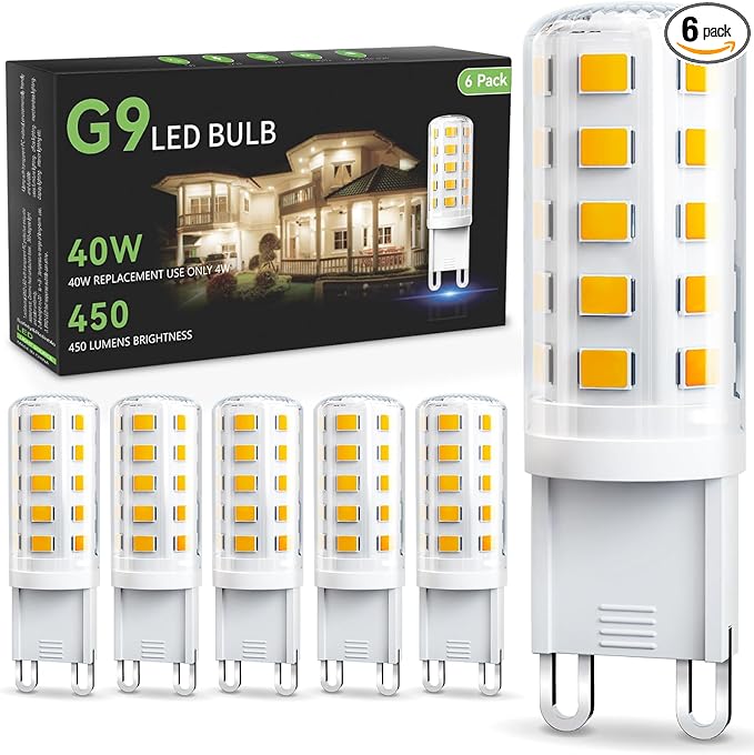 TJOY G9 LED Bulb 4W, 3000K Soft Warm White 6 Pack, Equivalent 40 Watt T4 G9 Halogen Replacement, G 9 Bi-pin Base Light Bulbs for Chandelier, 120V 450 LM 360 Beam Angle for Home Lighting, Non-dimmable