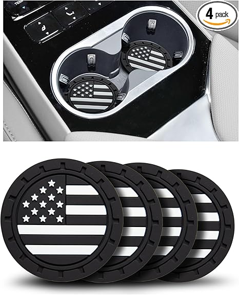Car Cup Holder Coasters 4 Pack - American Flag 2.75 Inch Anti Slip Shockproof Drink Mat - Vehicle Interior Decor Accessories Black