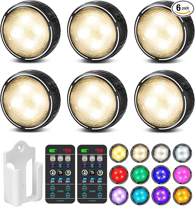 LED Puck Lights with Remote Control, Battery Operated Wireless Closet Light, Under Cabinet Lighting Stick on Tap Push Lights, Color Changing Under Counter Light for Kitchen, 6 Pack - Black