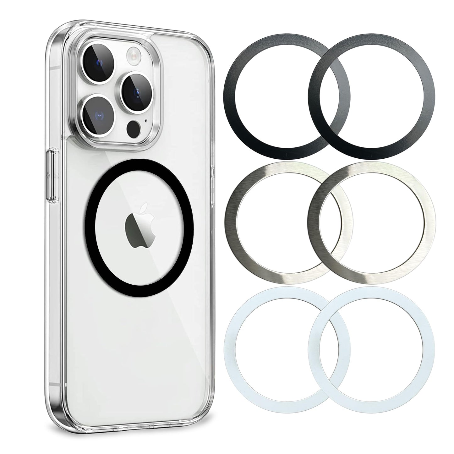 Universal Metal Rings Compatible with Magsafe Sticker,Magnetic Ring for Phone Cases & Wireless Charging, 6 Pack (2 Black,2 White & 2 Silver)