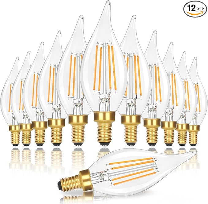 GoBright Dimmable E12 Candelabra LED Light Bulbs 40W Equivalent, 2700K Soft Warm White Chandelier Light Bulbs, 4W 460 LM Flame Tip Candle Light Bulbs, 12-Pack