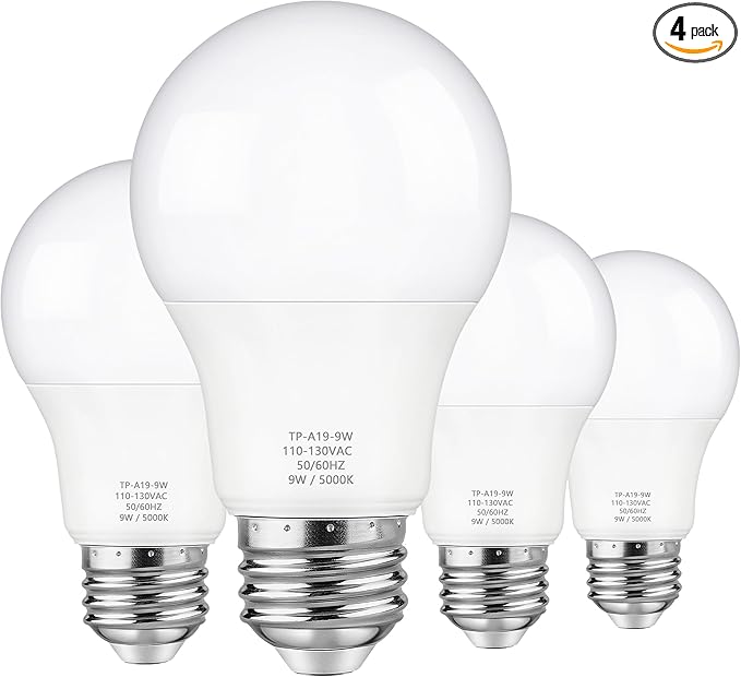 A19 LED Light Bulbs, 60 Watt Equivalent LED Bulb, Daylight White 5000K, 850 Lumen, E26 Base, Non-Dimmable, 9W Bright White LED Bulb, 4-Pack
