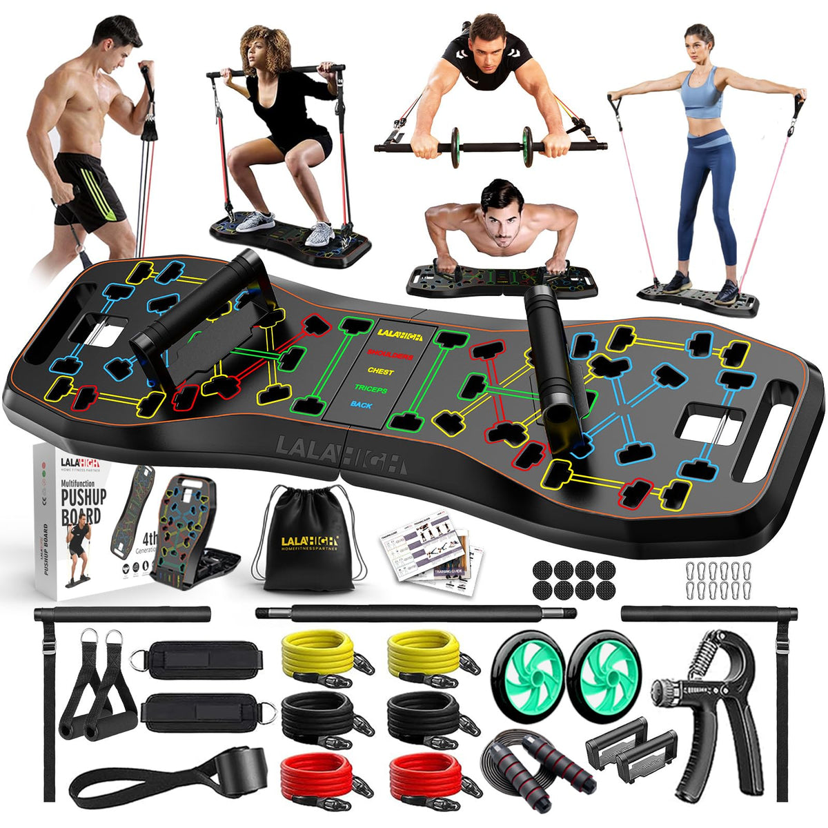 LALAHIGH Push Up Board,36 in 1 Home Gym Equipment with Ab Roller Wheel & Resistance Bands, Portable Foldable Workout Board for Full Body Strength Training Men Women,Gift for Boyfriend