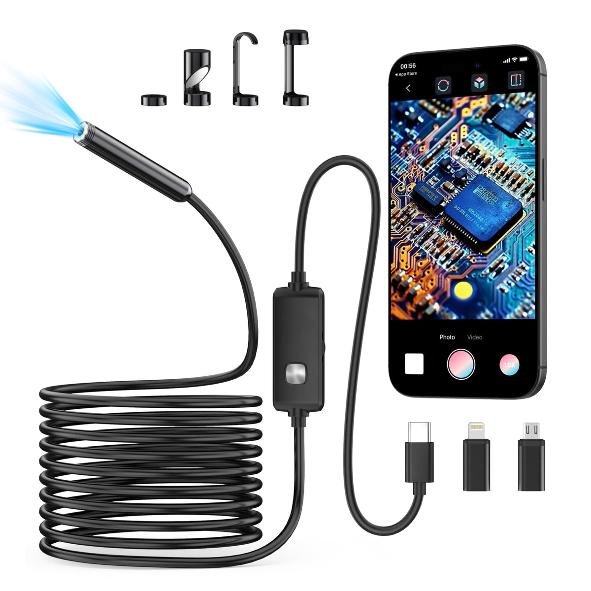 Endoscope Camera with Light,1920P HD Borescope with 8 Adjustable LED Lights, Endoscope with Semi-Rigid Snake Cable, IP67 Waterproof Inspection Borescope for iOS and Android-16.4ft Single Lens
