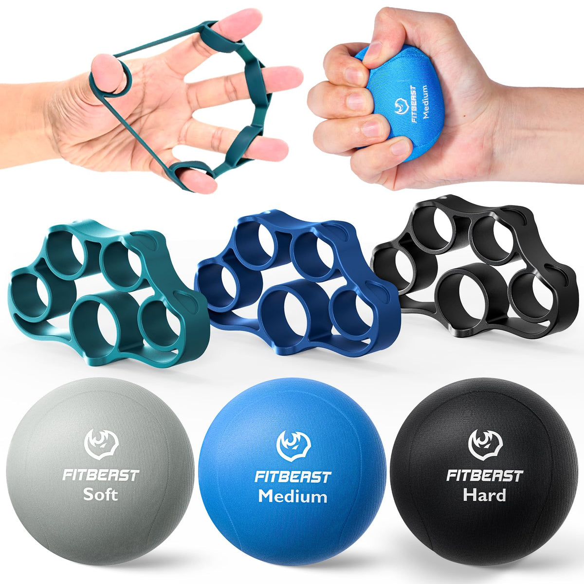 FitBeast Grip Strength Trainer โ 6 Pieces Hand Therapy Kit with Finger Extension Exerciser & Stress Balls for Adults, Rehab & Strength Training โ for Men, Women, and Seniors