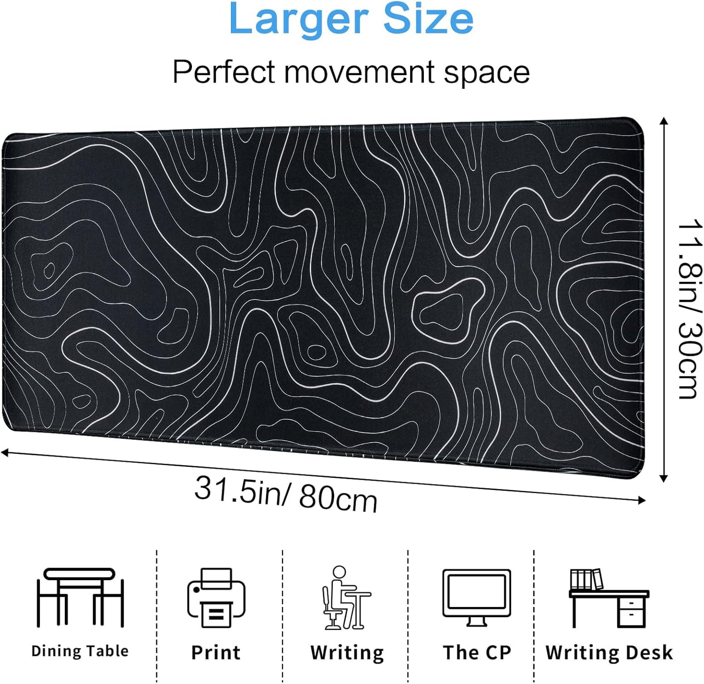 Gaming Mouse Pad Large 31.5 x 11.8in Topographic Keyboard Mousepad for Non-Slip Base and Stitched Edge, Extended Desk Pad XL Desk Mat (Black)