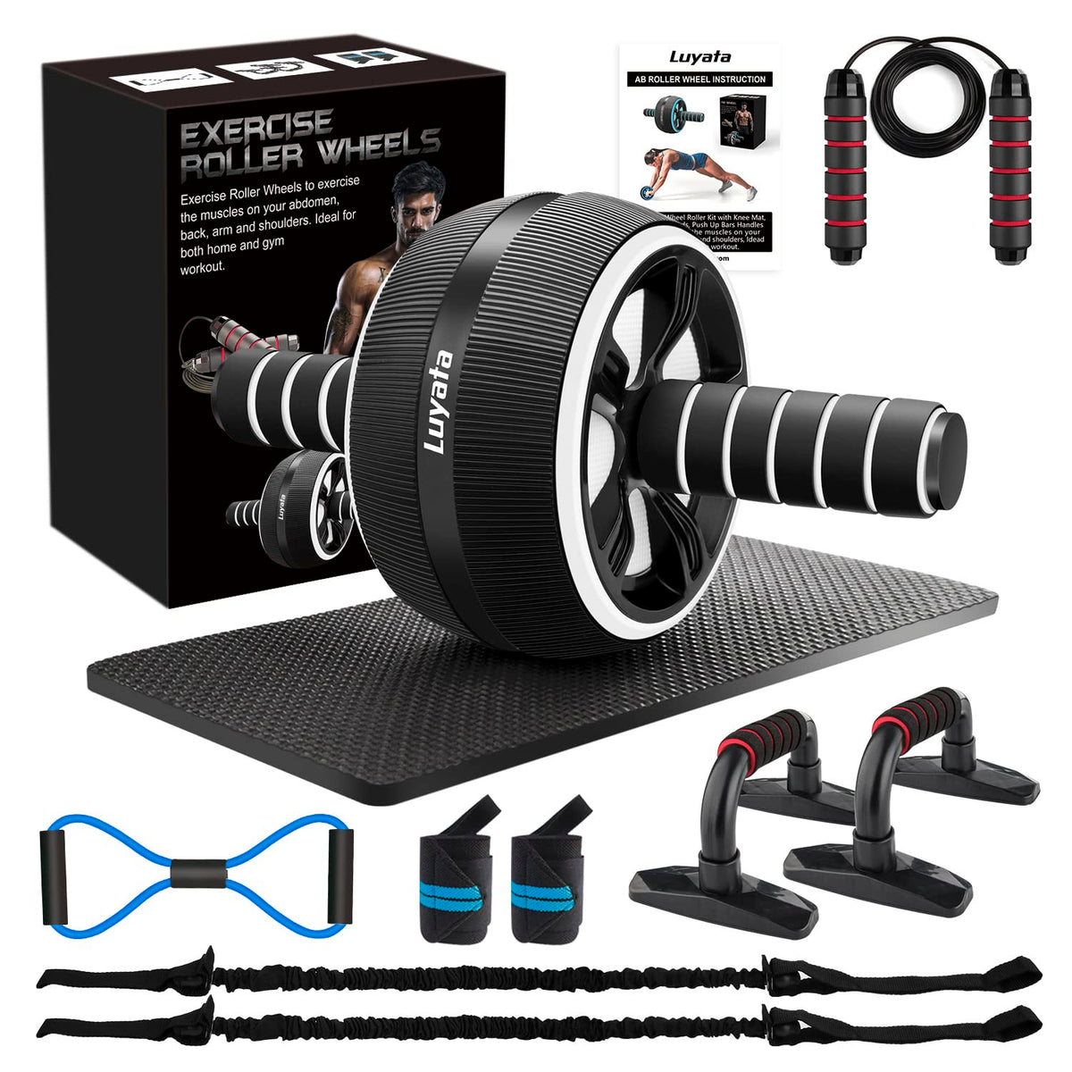 Ab Roller Wheel, 10-In-1 Ab Exercise Wheels Kit with Resistance Bands, Knee Mat, Jump Rope, Push-Up Bar - Home Gym Equipment