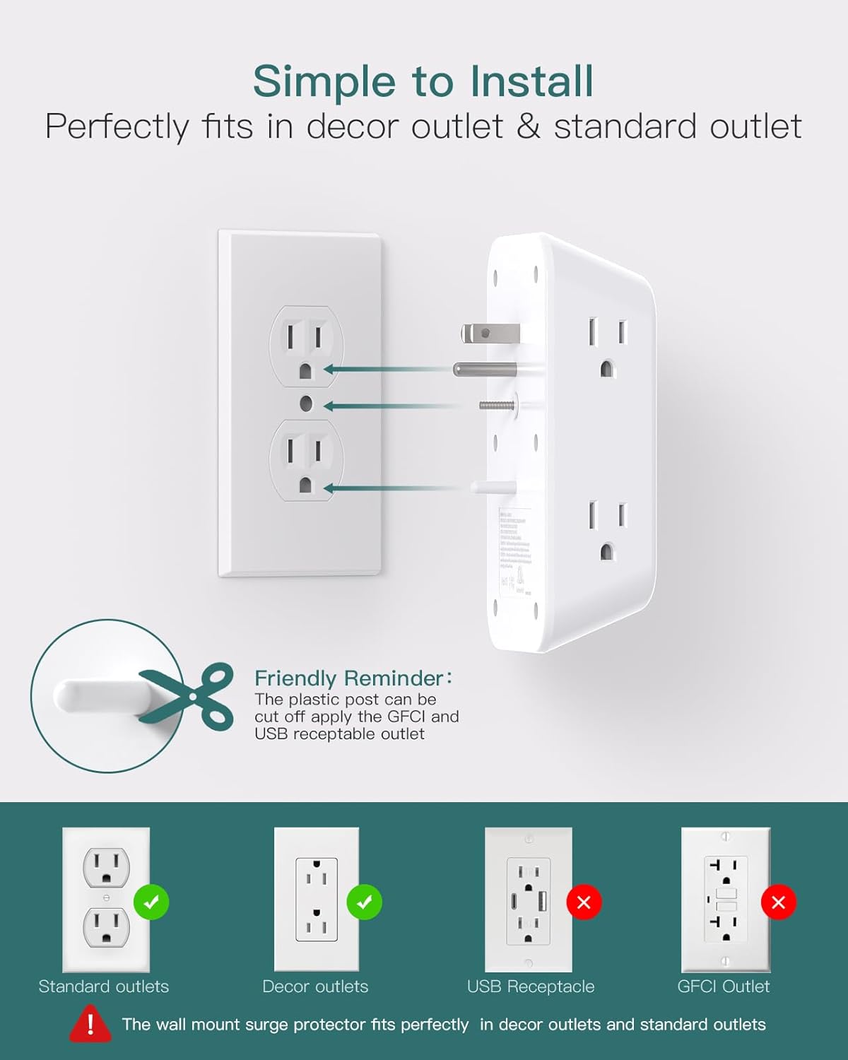 Addtam Surge Protector Outlet Extender, 6-Outlet Splitter with 4 USB Wall Charger(2 USB-C Ports), Multi Plug Wall Outlet 1800J Power Strip