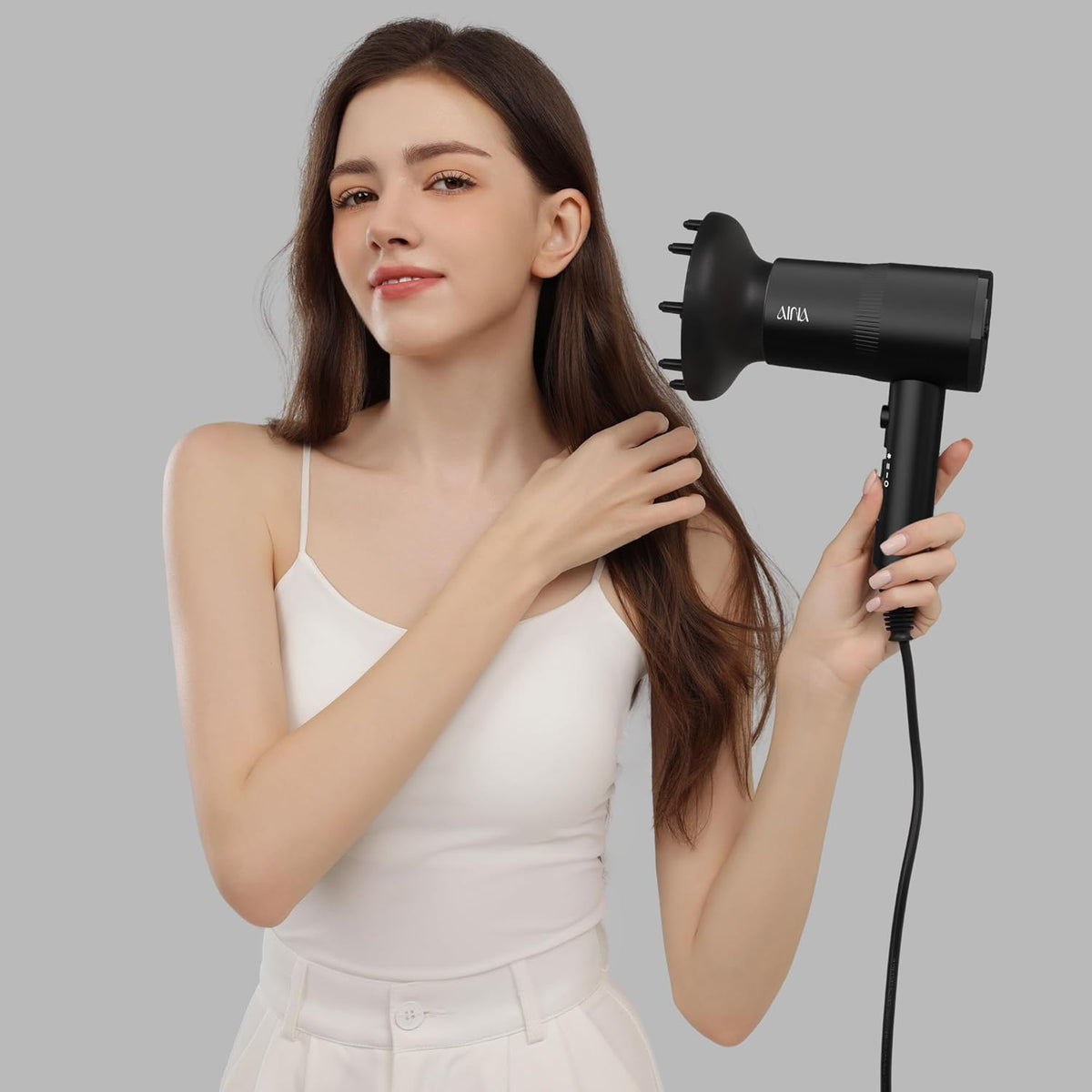AINA Hair Dryer with Diffuser, Blow Dryer for Women - Advanced Ionic Technology, Ceramic Coating - Cold Shot Features Turbo Heat (Vader Black)
